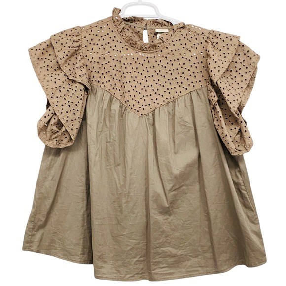 A New Day Women's Ruffle Sleeve Eyelet Top Blouse Tunic Tan Large - Picture 1 of 9